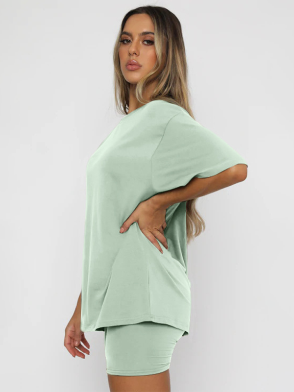 Women's solid color casual short-sleeve shorts two-piece set