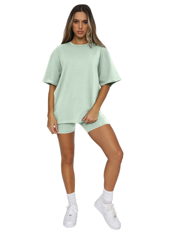 Women's solid color casual short-sleeve shorts two-piece set