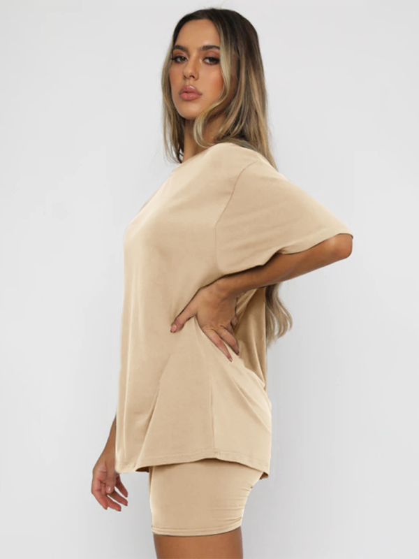 Women's solid color casual short-sleeve shorts two-piece set