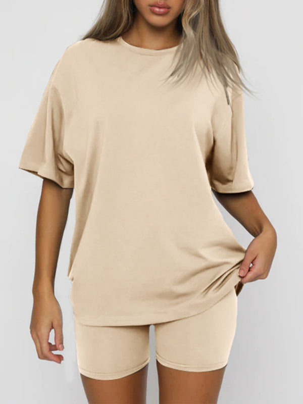 Women's solid color casual short-sleeve shorts two-piece set