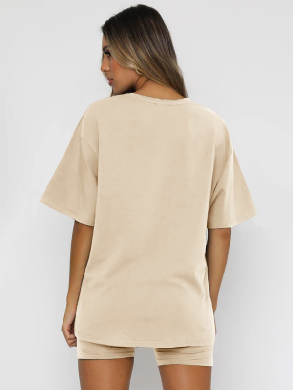 Women's solid color casual short-sleeve shorts two-piece set