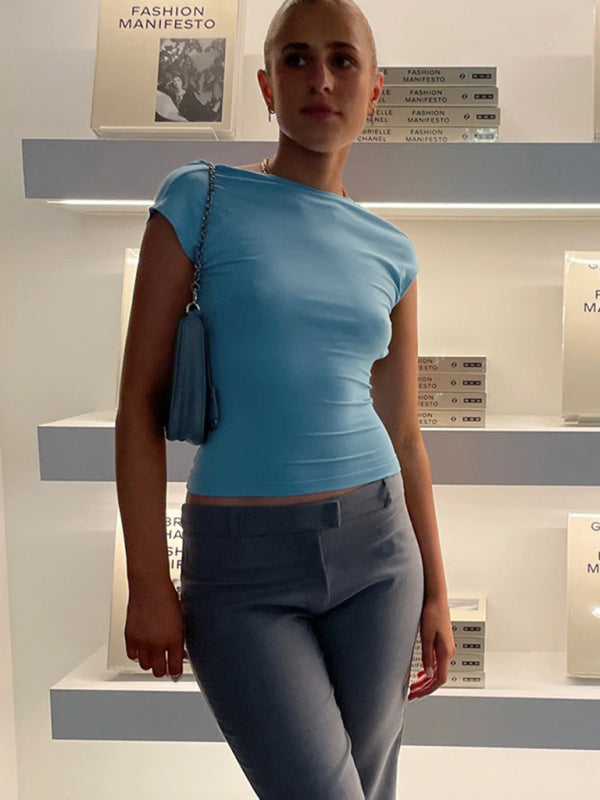 Hollow backless tight short-sleeved navel half-high collar solid color hot girl T-shirt
