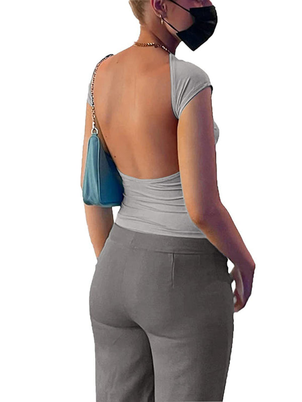 Hollow backless tight short-sleeved navel half-high collar solid color hot girl T-shirt