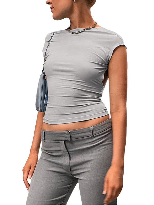 Hollow backless tight short-sleeved navel half-high collar solid color hot girl T-shirt