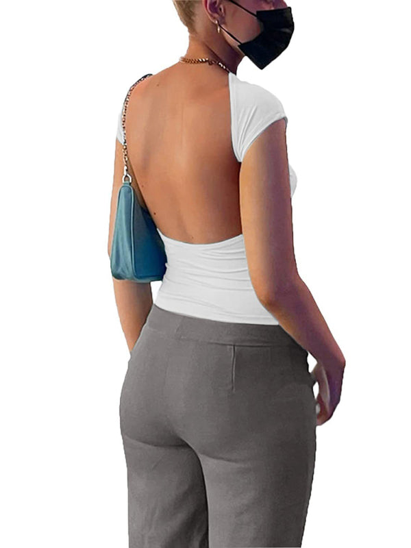 Hollow backless tight short-sleeved navel half-high collar solid color hot girl T-shirt