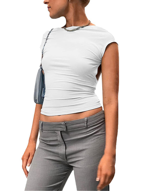 Hollow backless tight short-sleeved navel half-high collar solid color hot girl T-shirt