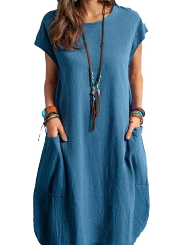 Cotton Linen Loose Casual Solid Color Pocket Dress