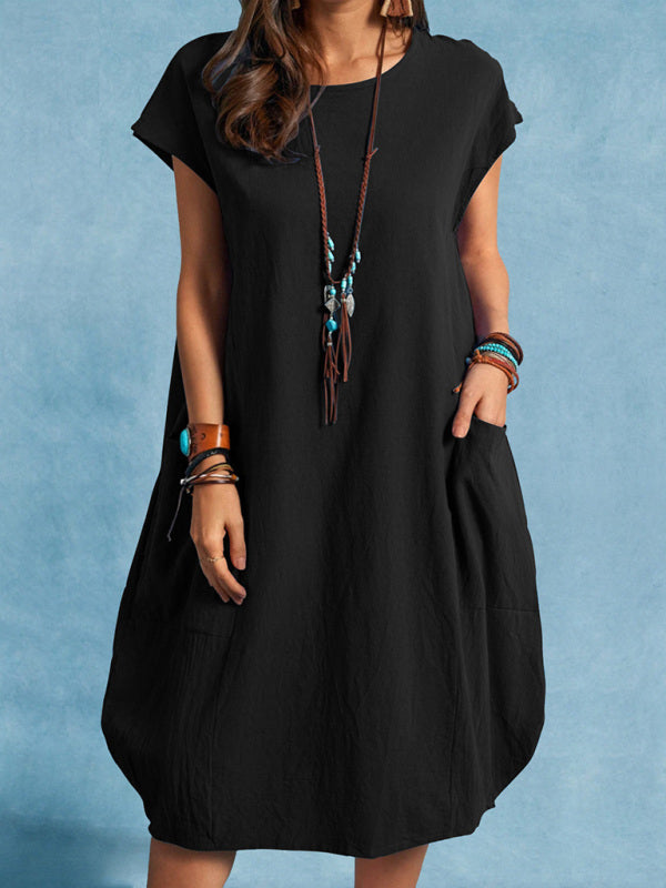 Cotton Linen Loose Casual Solid Color Pocket Dress
