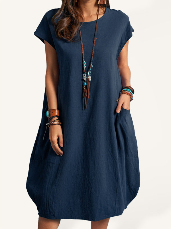 Cotton Linen Loose Casual Solid Color Pocket Dress
