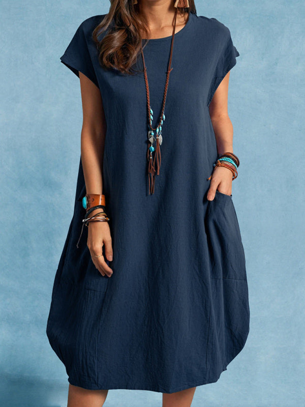 Cotton Linen Loose Casual Solid Color Pocket Dress
