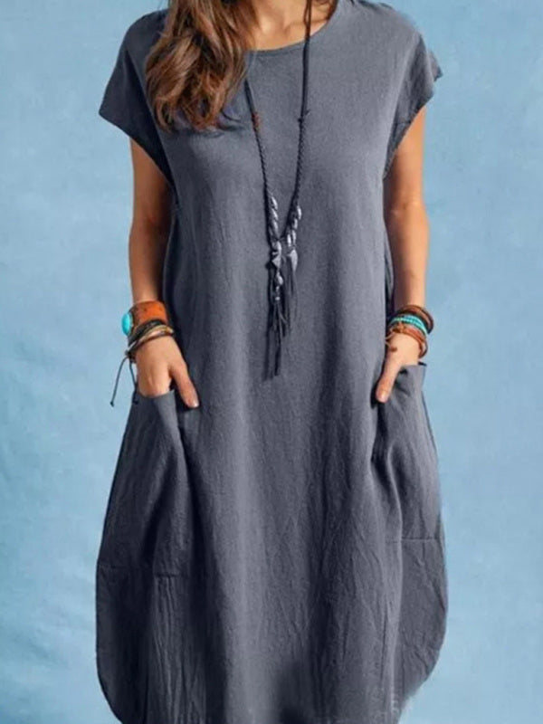 Cotton Linen Loose Casual Solid Color Pocket Dress