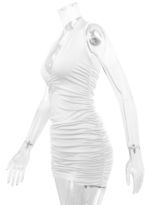 Women's V-neck Halter Neck Backless Pleated Mini Dress