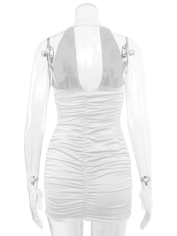 Women's V-neck Halter Neck Backless Pleated Mini Dress