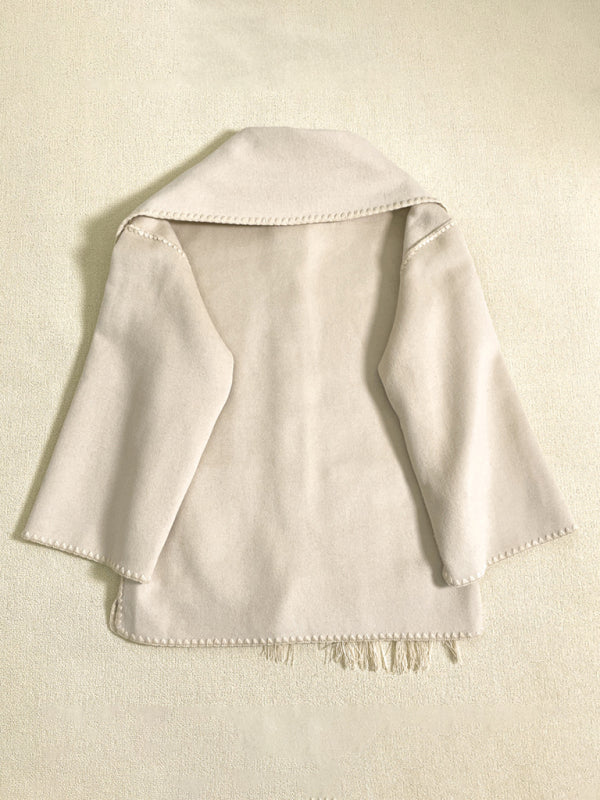 Wool blend fringed scarf collar loose woolen coat