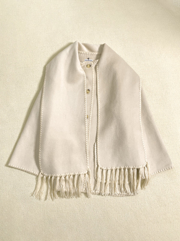 Wool blend fringed scarf collar loose woolen coat