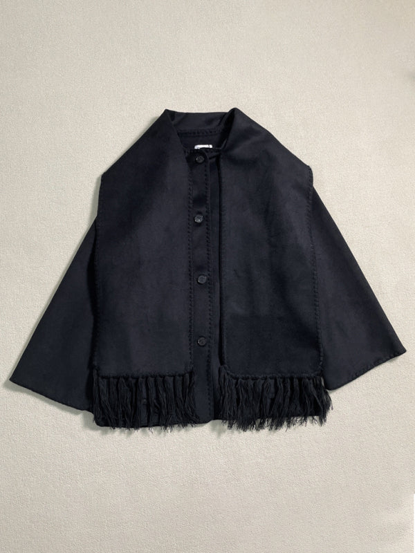 Wool blend fringed scarf collar loose woolen coat
