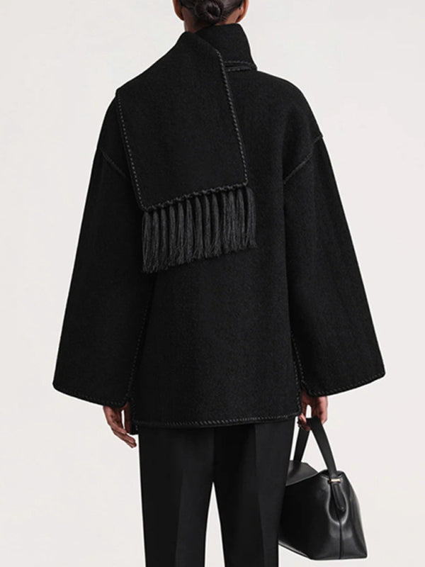 Wool blend fringed scarf collar loose woolen coat