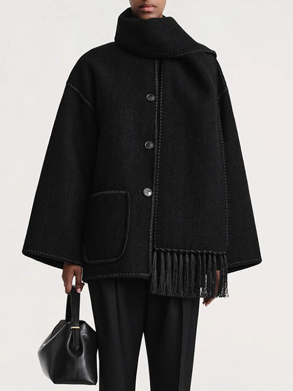 Wool blend fringed scarf collar loose woolen coat