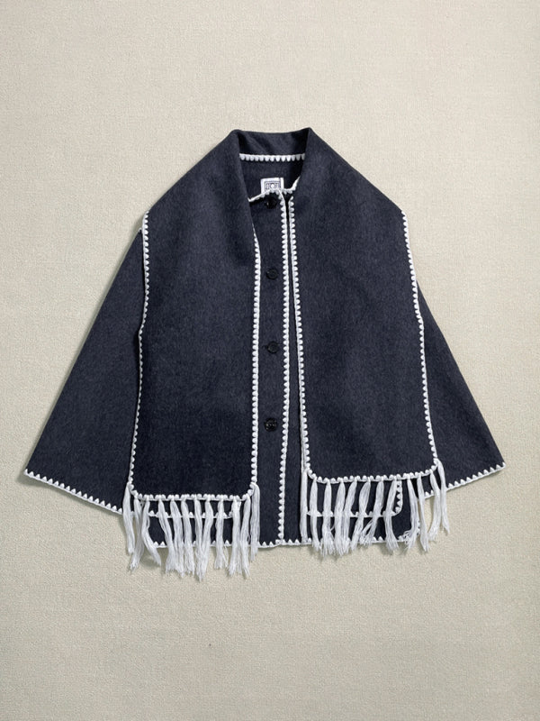 Wool blend fringed scarf collar loose woolen coat