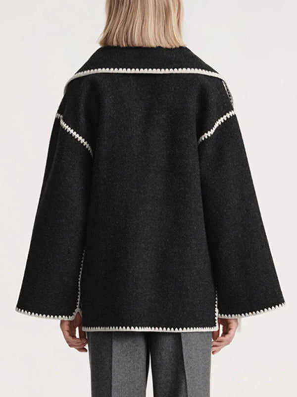 Wool blend fringed scarf collar loose woolen coat