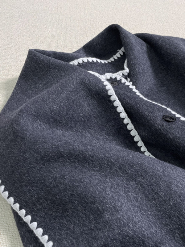 Wool blend fringed scarf collar loose woolen coat
