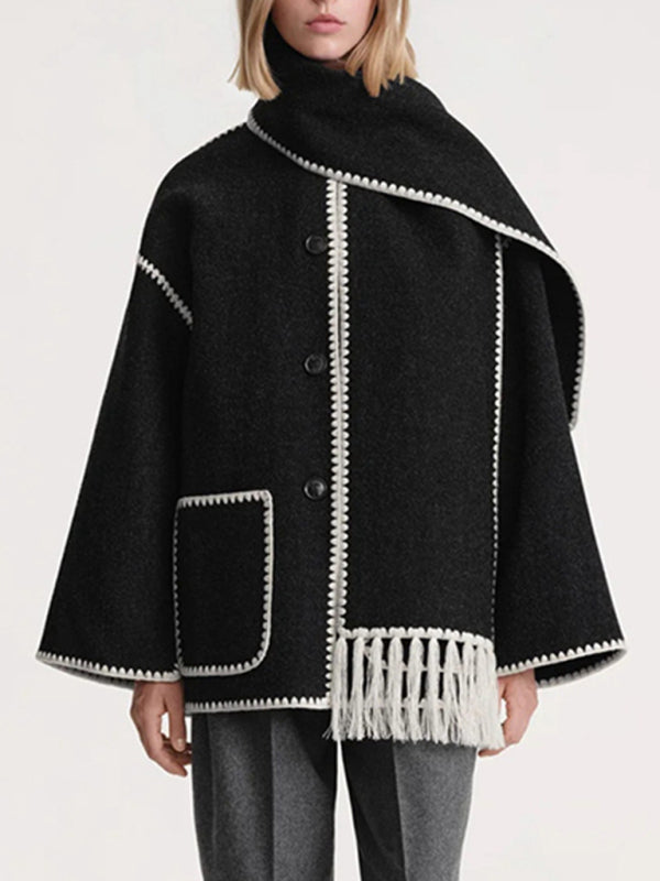 Wool blend fringed scarf collar loose woolen coat