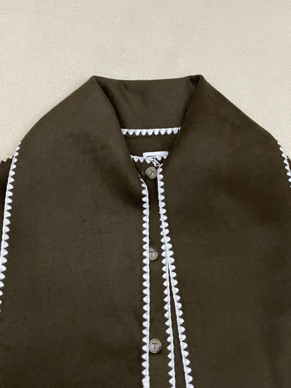 Wool blend fringed scarf collar loose woolen coat