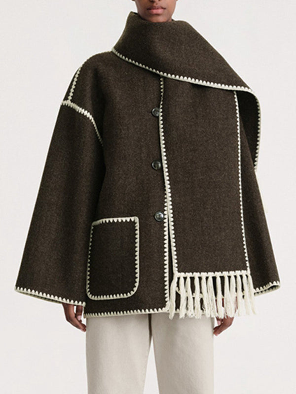 Wool blend fringed scarf collar loose woolen coat