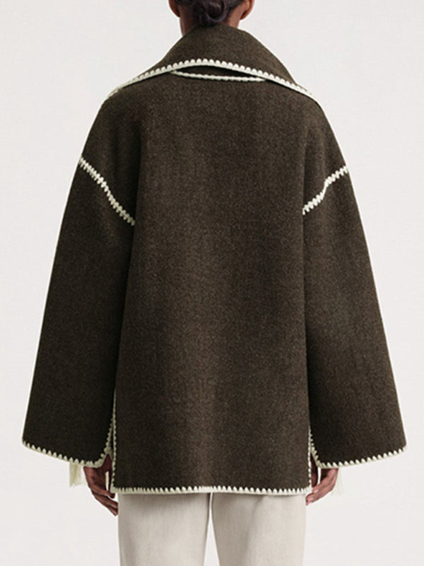 Wool blend fringed scarf collar loose woolen coat