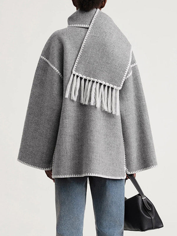 Wool blend fringed scarf collar loose woolen coat