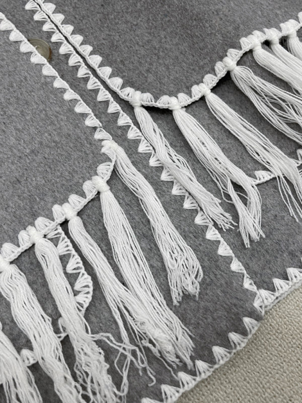 Wool blend fringed scarf collar loose woolen coat