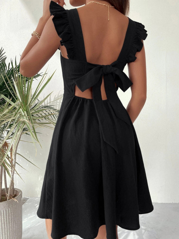 Women Summer Tie Back Ruffle Trim Chest Wrap Backless Dress