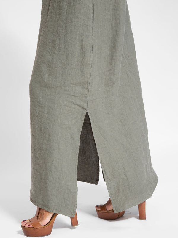 fashionable casual cotton and linen slit suspender dress