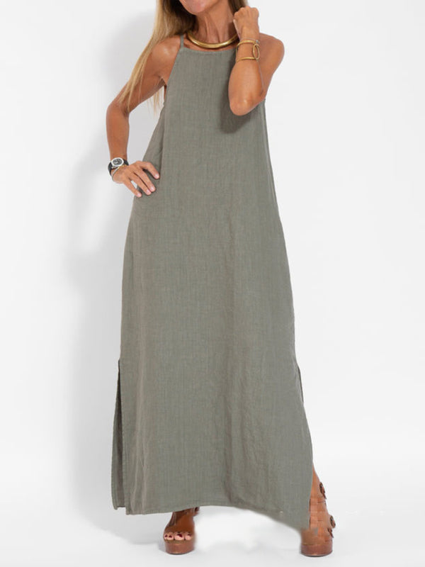fashionable casual cotton and linen slit suspender dress