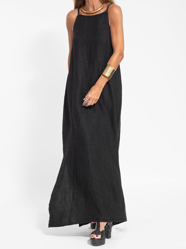 fashionable casual cotton and linen slit suspender dress