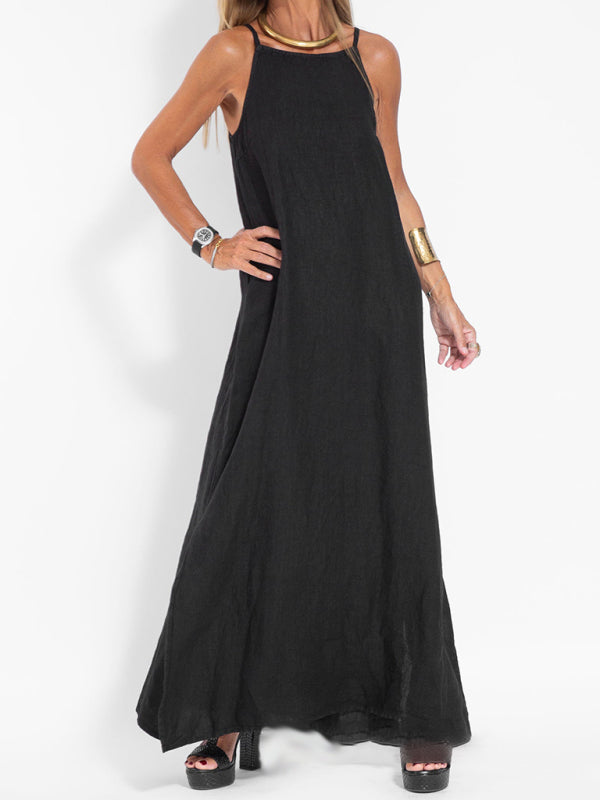 fashionable casual cotton and linen slit suspender dress