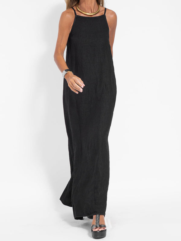 fashionable casual cotton and linen slit suspender dress