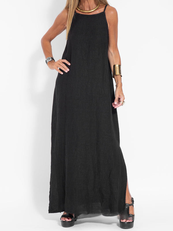 fashionable casual cotton and linen slit suspender dress