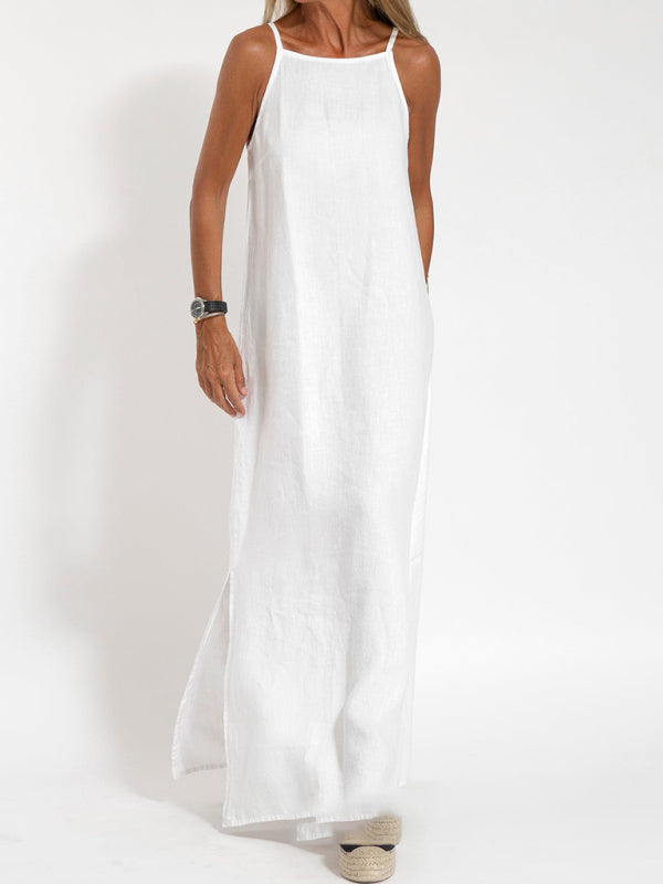 fashionable casual cotton and linen slit suspender dress