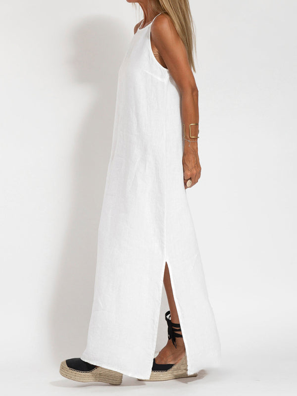 fashionable casual cotton and linen slit suspender dress