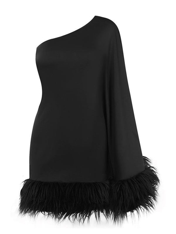 Women's one-shoulder furry hem cape dress