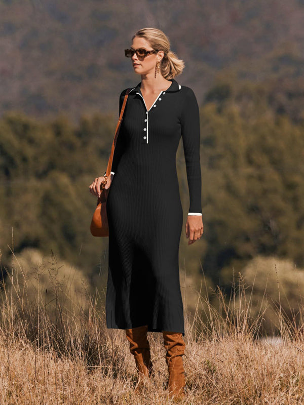 Lapel knitted slim fit hip-hugging long-sleeve dress