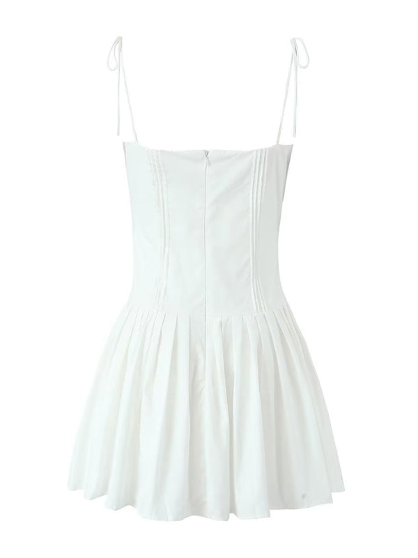 Women's Solid Color Backless Suspender Pleated Short Dress