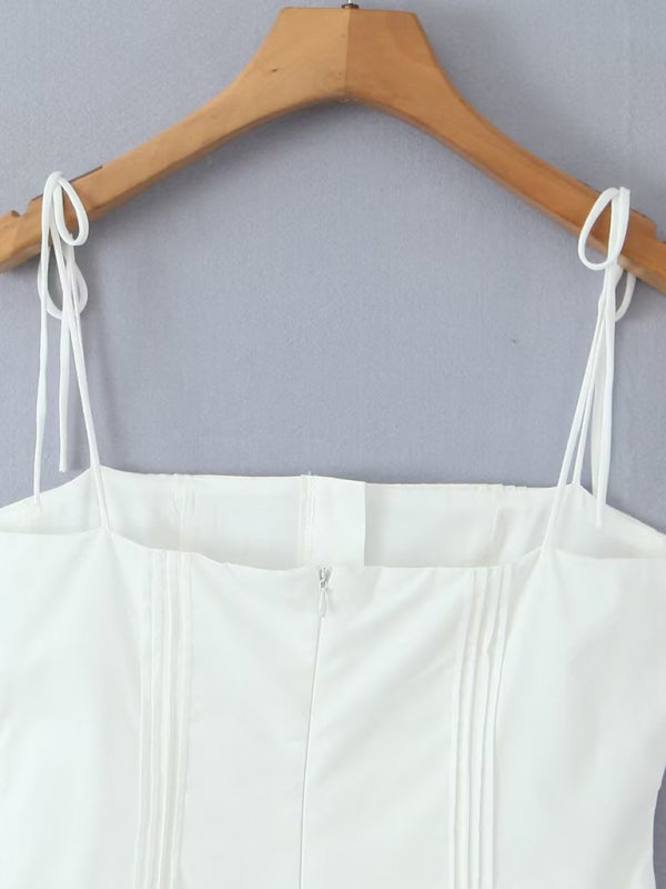 Women's Solid Color Backless Suspender Pleated Short Dress