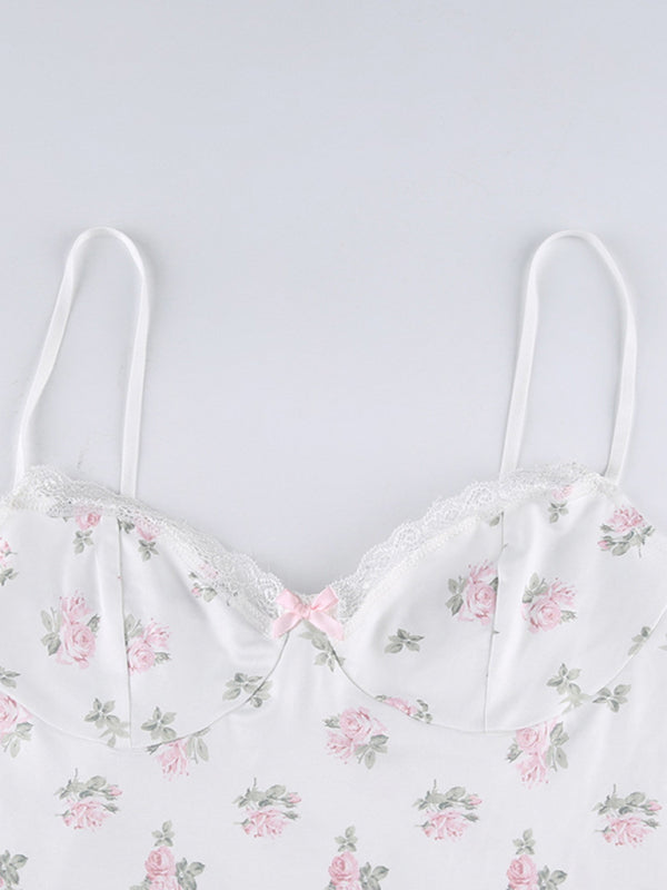Floral Print Cami Slip Dress With Lace Trimmed Hemline