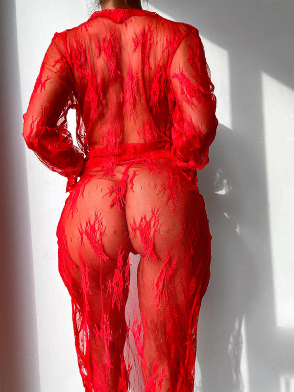 Women's fashionable mesh see-through suit lace temptation panties two-piece set