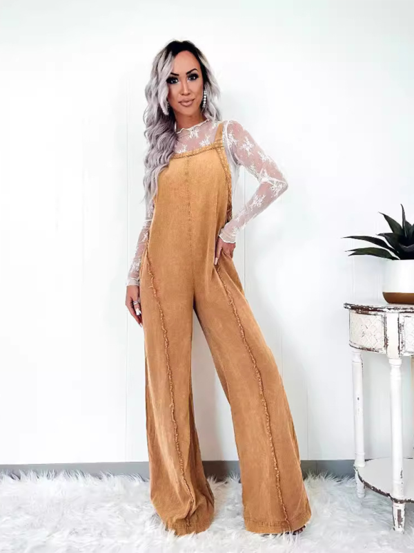 Vintage washed raw edge wide leg jumpsuit