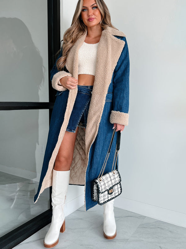 Women's Lambswool Lapel Quilted Cotton Lined Lace-up Double Pocket Denim Windbreaker Coat