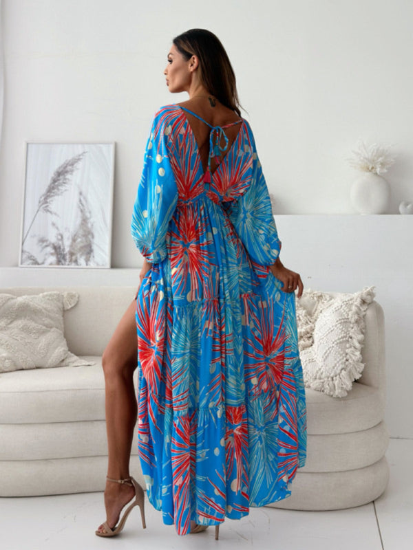 Deep V multi-color printed slit dress with three-quarter sleeves