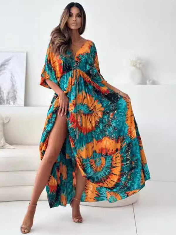 Deep V multi-color printed slit dress with three-quarter sleeves